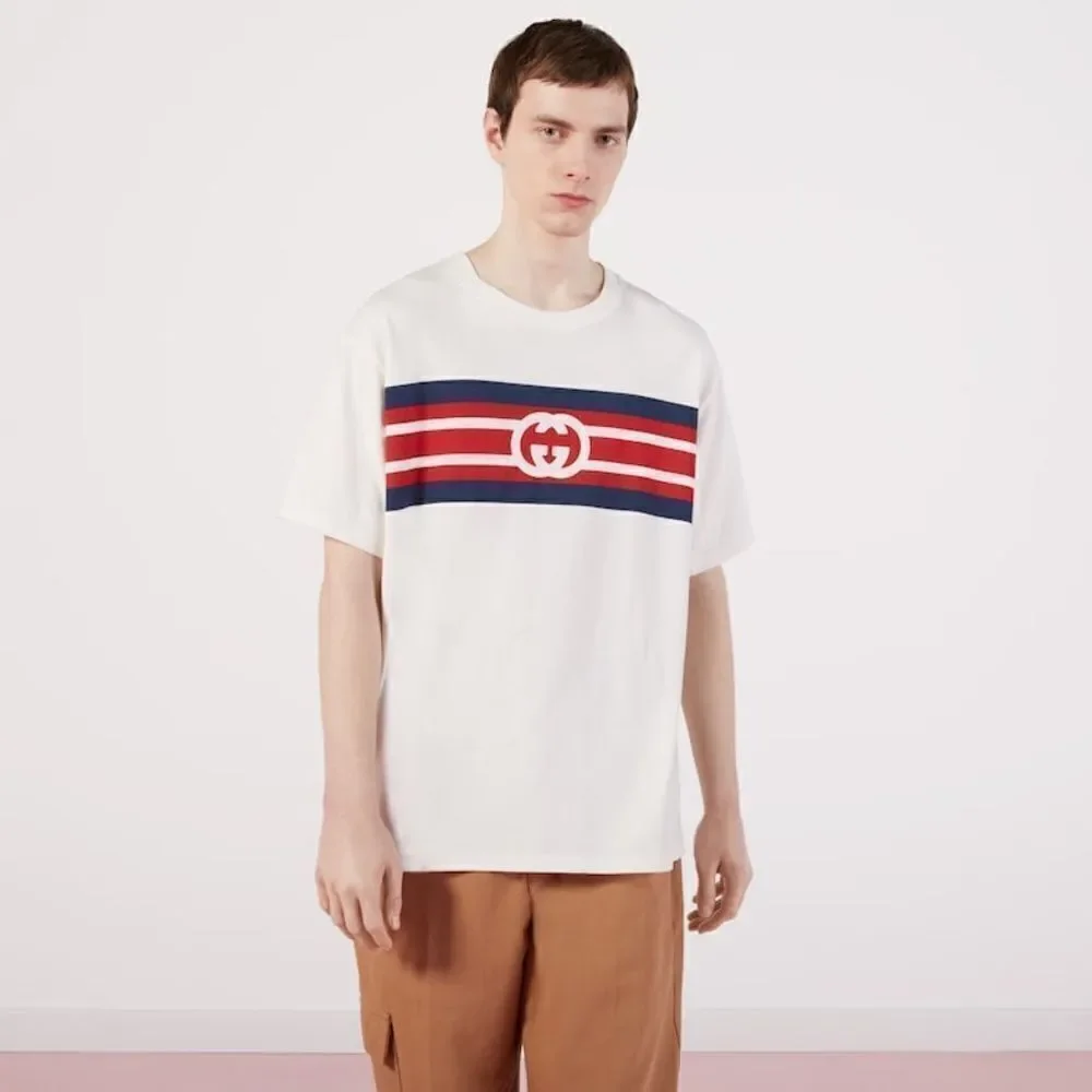 GUCCI AUTHENTIC INTERLOCKING G STRIPE PRINT T-SHIRT